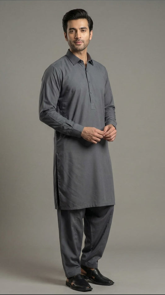 Steel Gray – Premium Unstitched Men’s Shalwar Qameez