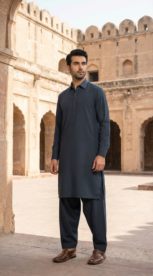 Midnight Navy – Premium Unstitched Men’s Shalwar Qameez
